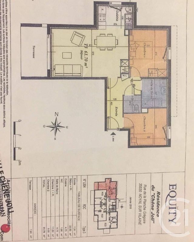 Appartement T3 &agrave; louer - 3 pi&egrave;ces - 61,70 m2 - Noyal Sur Vilaine - 35 - BRETAGNE